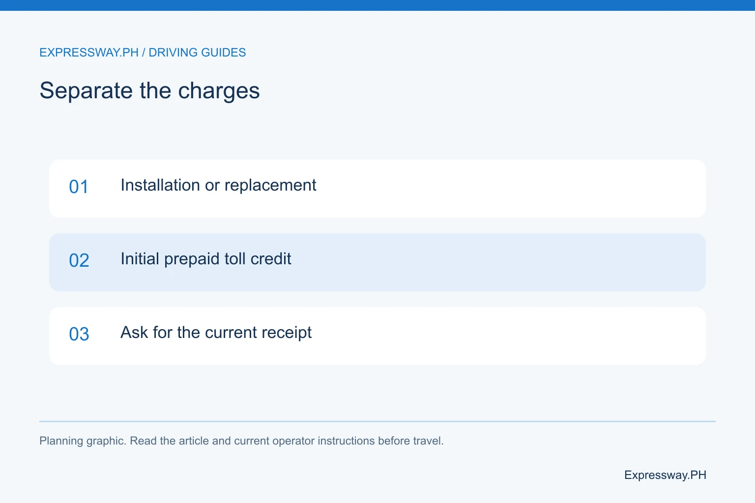 Separate the charges: Installation or replacement; Initial prepaid toll credit; Ask for the current receipt. Separate the charges: Installation or replacement; Initial prepaid toll credit; Ask for the current receipt.