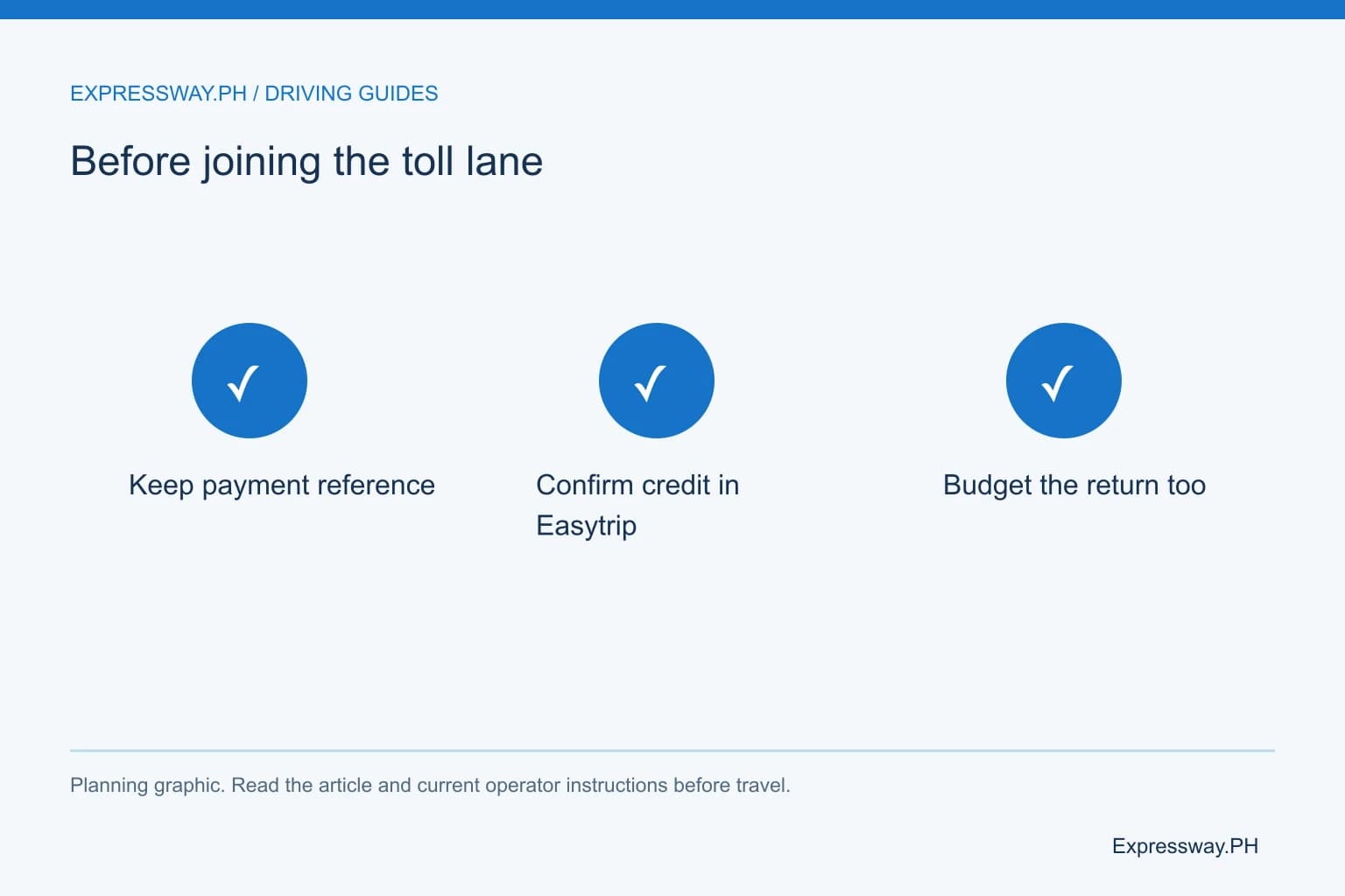 Before joining the toll lane: Keep payment reference; Confirm credit in Easytrip; Budget the return too. Before joining the toll lane: Keep payment reference; Confirm credit in Easytrip; Budget the return too.