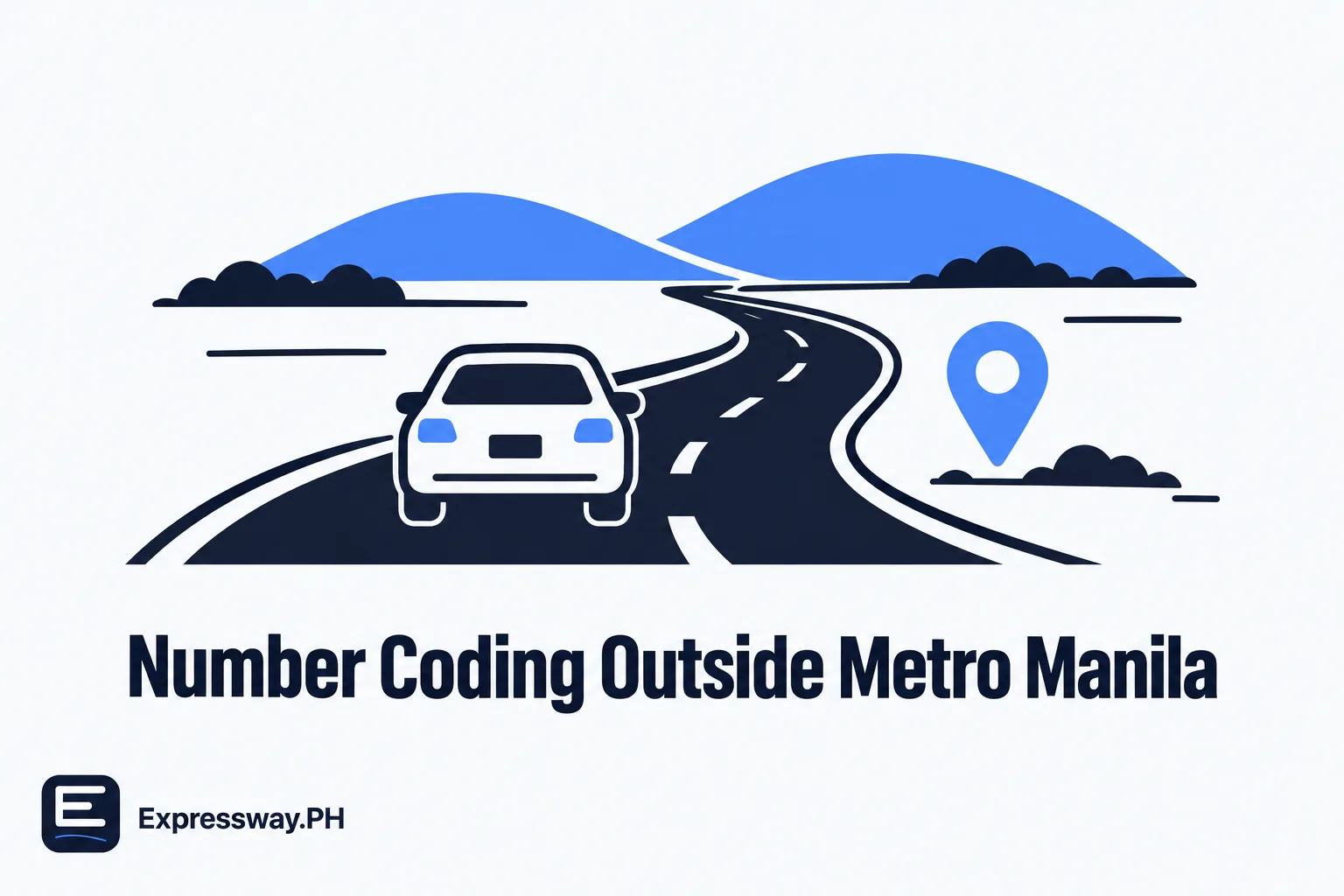 Number coding outside Metro Manila A car on a provincial highway toward hills, with a map pin: number coding outside Metro Manila
