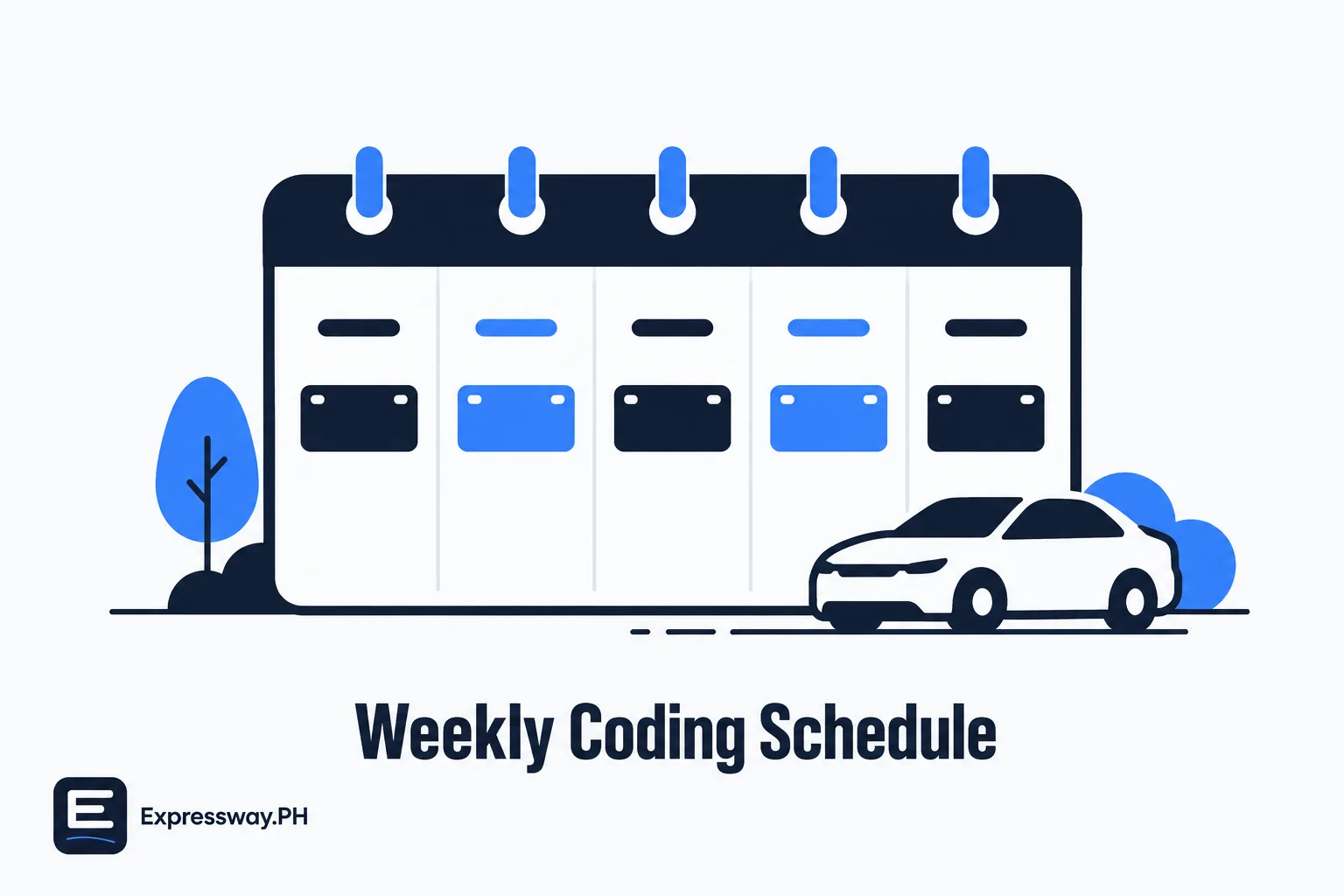 Number coding schedule by plate number Weekly number coding schedule: five weekday calendar cards, each with the plate numbers banned that day